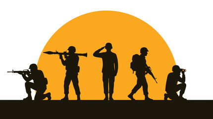 Obraz premium Silhouettes of five soldiers in various poses against a large orange sun, depicting military service and defense.