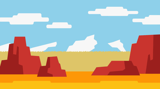 A vibrant pixel art desert landscape featuring red rock formations under a bright blue sky with white clouds and distant mountains.