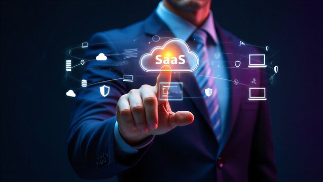 Businessman interacting with saas cloud computing concept surrounded by digital icons and light