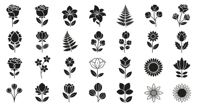 Collection of Black and White Floral Silhouettes Isolated on White Background.