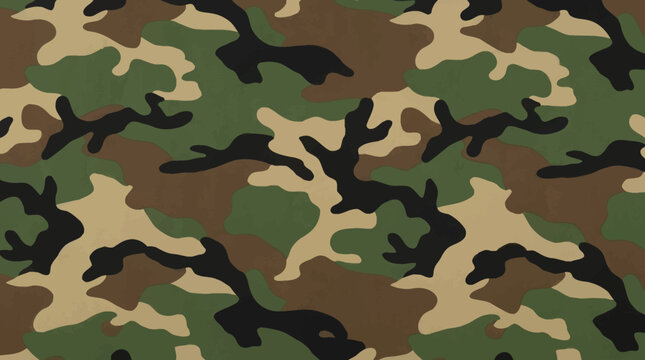 Classic woodland camouflage pattern featuring irregular shapes in shades of green, brown, tan, and black, designed for concealment in natural environments.