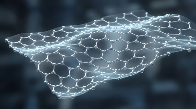 Detailed three dimensional rendering of a translucent sheet of graphene structure illustrating carbon atoms in hexagonal arrangement