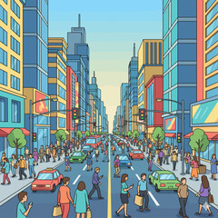Vibrant illustration of a bustling city street with diverse pedestrians, cars, and modern skyscrapers, capturing the energetic rhythm and dynamic flow of urban life © Debra