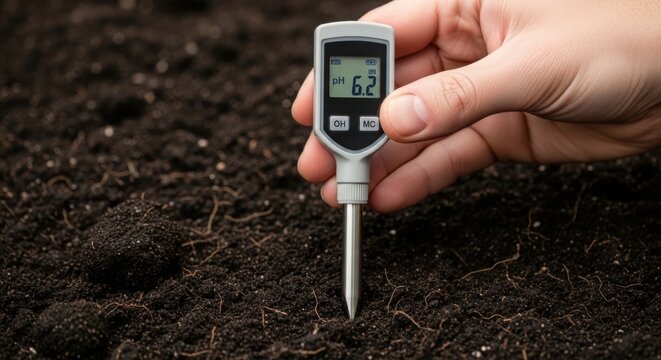 Soil moisture meter checking levels in rich, dark earth. Accurate soil moisture readings help ensure healthy plant growth and gardening success. Essential tool for gardeners and plant enthusiasts.