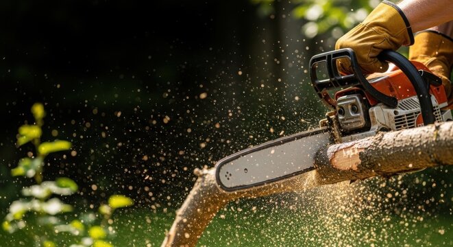 Chainsaw in action cutting through tree with sawdust flying in the air. Chainsaw work involves precise cutting techniques and safety gear for optimal operation.