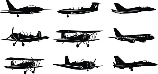 Collection, of, airplane, silhouettes, including, fighter, jets, biplanes, propeller, aircraft, and, passenger, planes, isolated, on, white, background, aviation, transport, vector. © Rahim 