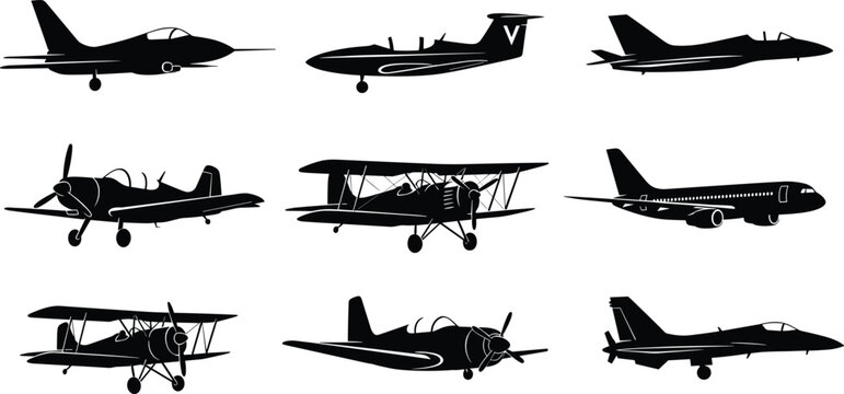 Collection, of, airplane, silhouettes, including, fighter, jets, biplanes, propeller, aircraft, and, passenger, planes, isolated, on, white, background, aviation, transport, vector.