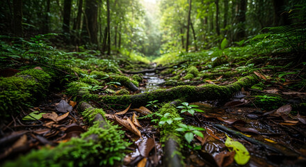 Fototapeta premium A tranquil scene of a small stream winding through a vibrant, mossy forest. Ideal for illustrating nature, environmental themes, or promoting wellness
