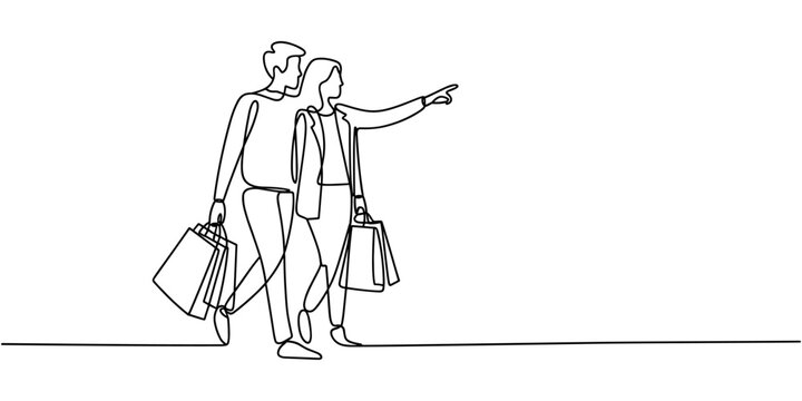 One single line drawing young happy romantic couple walking and shopping together while holding paper bags at mall. Commercial retail shopping concept. Continuous line draw design illustration