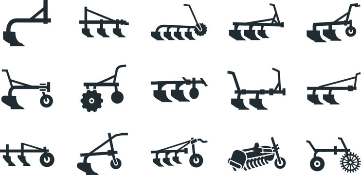 Collection of fifteen stylized plow and agricultural implement icons with tractor attachment with black and wh