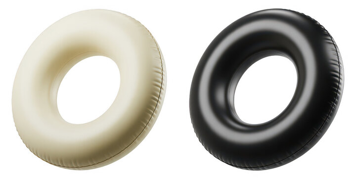Black and beige inflatable swim rings isolated on a transparent background