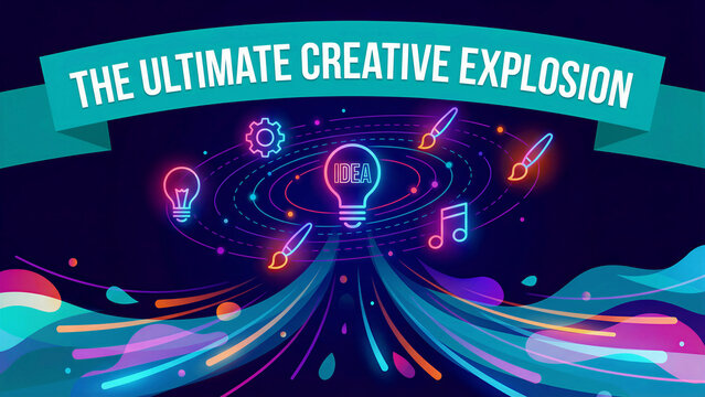 A vibrant digital illustration showcasing a central 'IDEA' lightbulb surrounded by glowing neon icons like paintbrushes, a gear, lightbulbs, and a musical note, symbolizing diverse creative