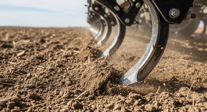 Agricultural equipment tilling soil with metal plowshares creating dust. Soil cultivation involves heavy machinery shaping earth and preparing field for planting crops.