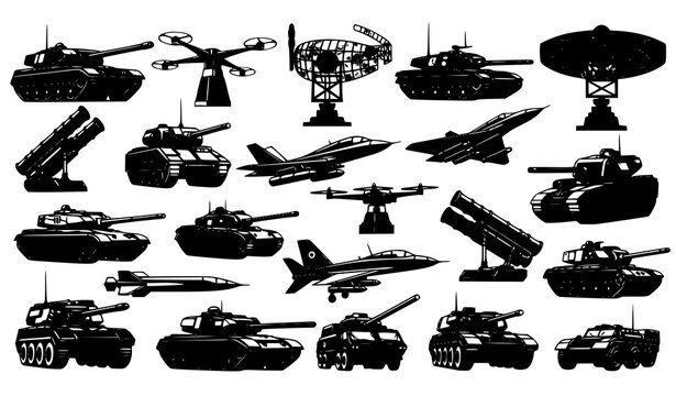 Military equipment icon set vector silhouettes tanks jets drones radar