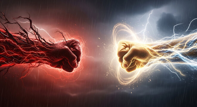 Two powerful clenched fists glowing with mysterious supernatural energy facing each other in a symbolic battle of evil versus good competition and spiritual conflict within a dark background.