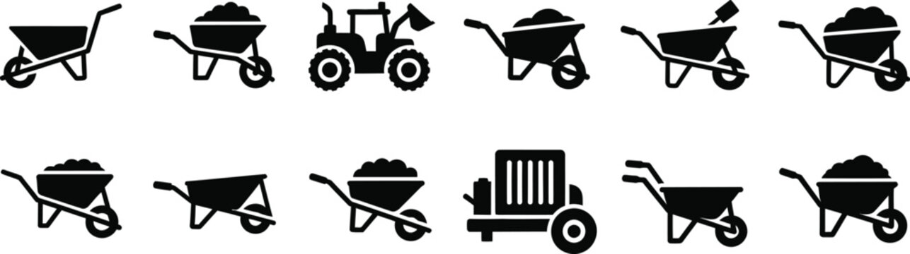 Wheelbarrow and tractor icons: construction, gardening, agriculture, heavy equipment, construction site