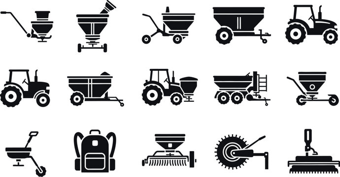 Fertilizer spreader and tractor icons: agricultural equipment for farm fields with black and white