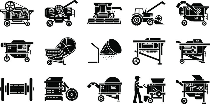 Agricultural farm machinery collection - vintage and modern equipment icons with black and white with line art