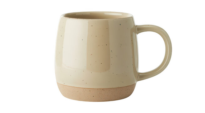 Cream ceramic mug with glossy finish and handle isolated on a transparent background