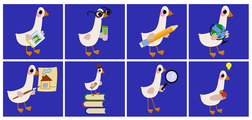 Set of eight cute cartoon baby geese students with different school items on blue background for educational posters and kids classroom decor © Ilona