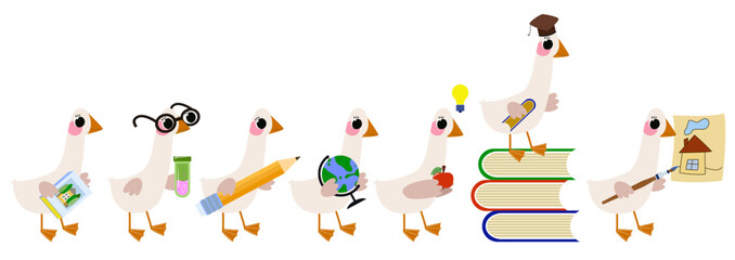 Parade of cute cartoon baby geese walking in a line carrying school supplies like pencil books and globe for education designs © Ilona