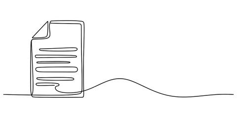 A single continuous line drawing of a document page with text lines on a plain white background. Vector, illustration © Rimi Kailash Arts