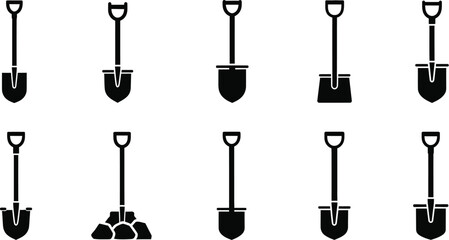 Various shovel types icons for gardening, construction, and digging tasks, black and white, hand tool © Al