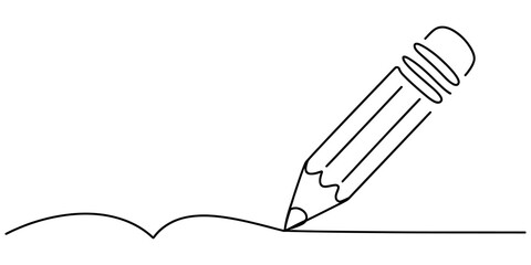 Naklejka premium A simple black and white line drawing of a pencil writing on a flat surface in a minimal style Vector, illustration