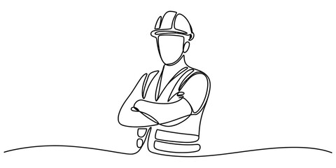 A single continuous line drawing of a confident construction worker wearing a safety hard hat. Vector, illustration © Rimi Kailash Arts