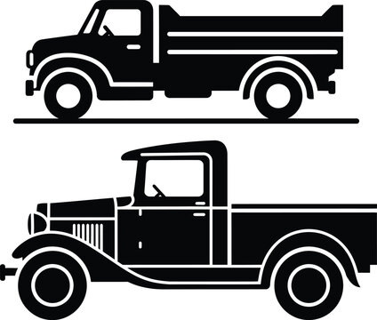 Vintage dump truck and pickup truck silhouettes - retro vehicle icons with heavy duty with black and white