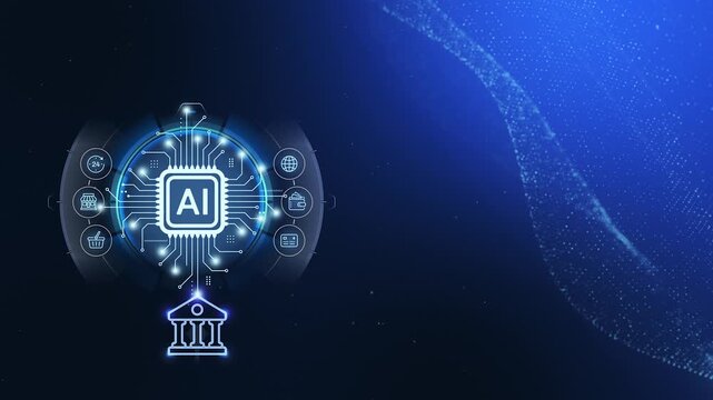 4K Fintech Blue AI Banking HUD Background. Circular Agentic Interface with Bank Icon and Autonomous Finance Nodes.