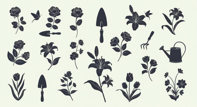 Collection of Botanical Silhouettes and Gardening Tools.