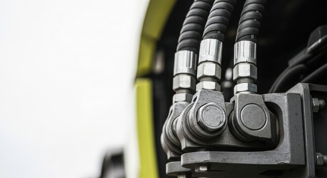 Hydraulic connectors and hoses in mechanical equipment showcasing industrial machinery features. Hydraulic system components provide essential connections for machinery operation.