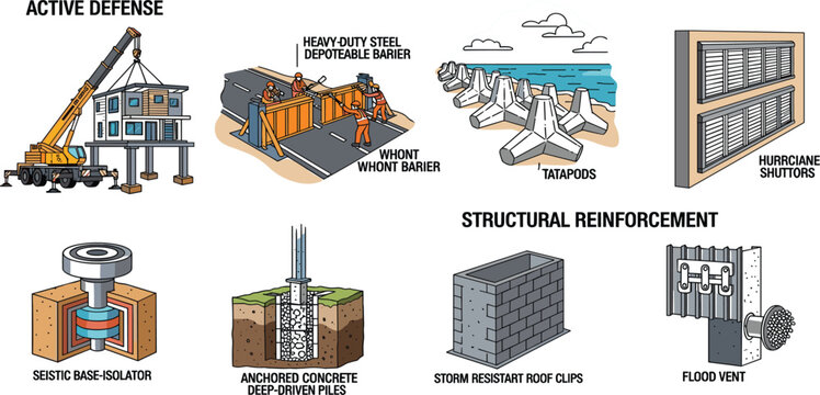 Disaster Resistant Construction and Structural Reinforcement Set Featuring Flood Barriers, Seismic Isolators, Hurricane Shutters and Coastal Protection Engineering Vector Illustration