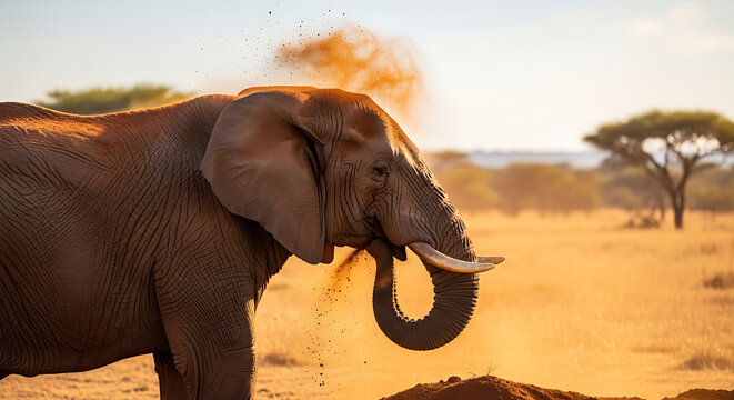 African elephant dusting itself with dirt in golden savanna light