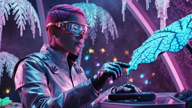 Futuristic woman scientist touches glowing plant leaf. Scientist analyzes plant biology with smart goggles. Woman uses virtual technology for nature research. Future scientist studies plant.