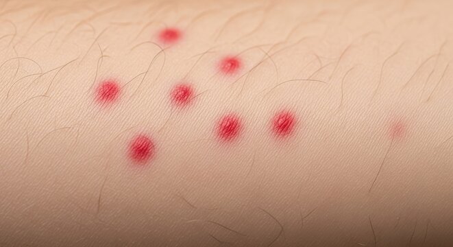 Skin irritation with red marks on arm from allergic reaction or insect bite. Close-up of affected area displayed against natural skin tone, showing distinct red spots.