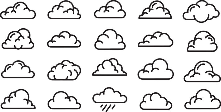 Minimalist cloud line icons, 20 weather vector elements, sky symbols