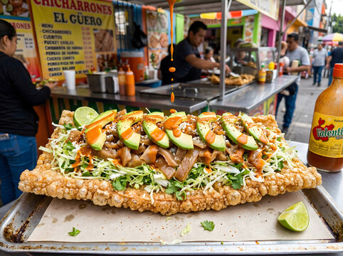Crispy Chicharron Preparado Street Snack with Avocado and Hot Sauce
