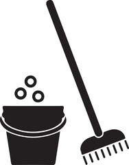 Black silhouette of a bucket and broom on a for cleaning