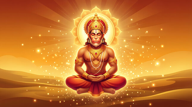 A golden light illustration of hanuman meditating for hanuman jayanti celebration with chanting hanuman chalisa at the divine hanuman puja with a bright glowing background