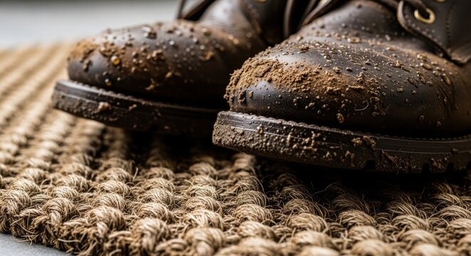 Dirty boots resting on woven rug after outdoor adventure. Muddy brown shoes show signs of a recent journey outdoors, leaving dirt and soil on attractive mat. Concept outdoor activities and lifestyle.