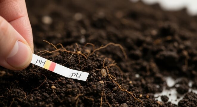 Soil pH testing with litmus paper held over moist earth and grounded roots for accurate agricultural analysis. Soil pH testing is important for healthy crop growth and sustainable farming practices.