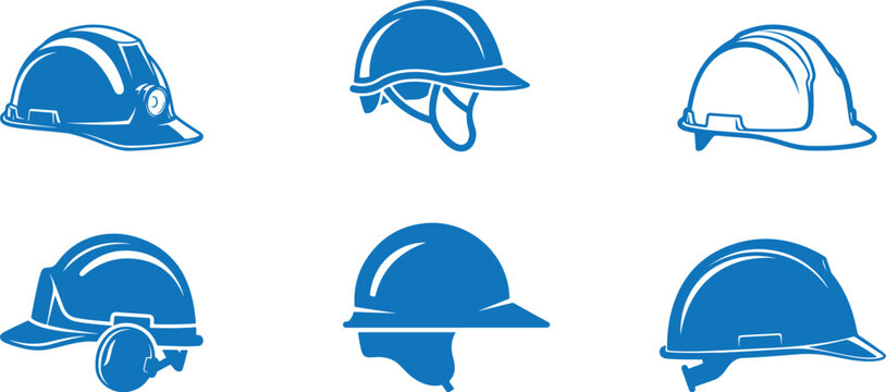 Collection of various blue hard hats and safety helmets isolated on white background