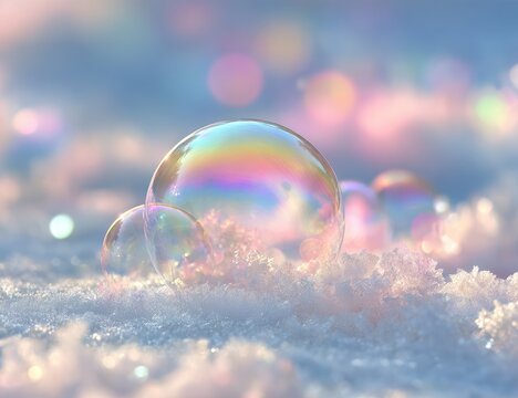 Delicate iridescent soap bubbles rest on sparkling frosty snow
