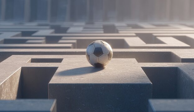 Soccer ball rests at the center of a complex, concrete maze with soft light