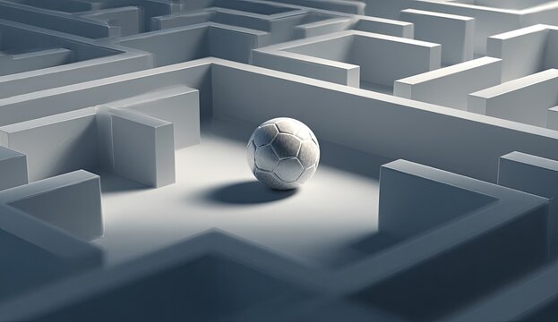 White soccer ball rests in the center of a stark, illuminated white maze