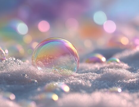 Soft, ethereal snow scene with iridescent, delicate bubbles reflecting pastel light