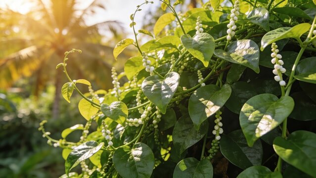 Basella alba plant thriving in tropical heat, lush green leaves, bright sunlight, photorealistic