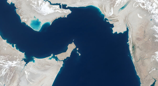 Satellite view of the Persian Gulf and Arabian Peninsula with coastline detail